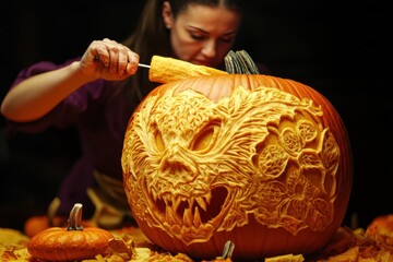 Intricate pumpkin carving featuring a detailed monster design at an autumn gathering