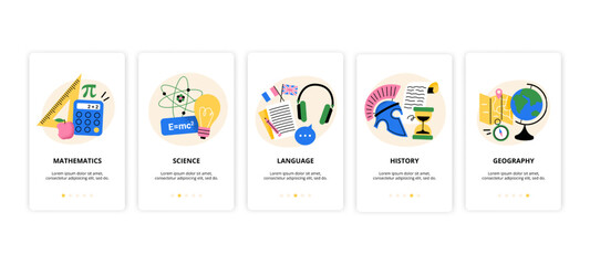 A vector illustration of school subjects and education. Includes math, science, languages, history, and geography. Perfect for learning apps and creative teaching designs.