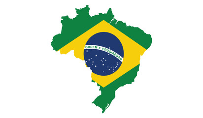 Map outline of brazil filled with the vibrant colors and iconic design of the brazilian national flag