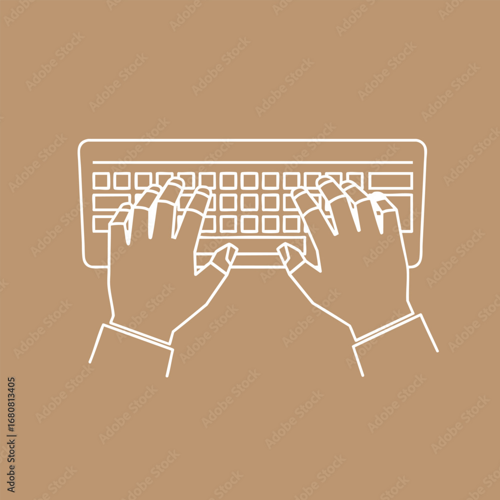Poster a top-down view of two hands typing on a keyboard, set against a warm brown background, ideal for te