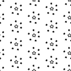 Pattern in the form of mini five-pointed stars in a group. Convex stars. Black line on white. Seamless texture. Cute children's drawing. Shape, repeating symbol. Minimalistic linear style