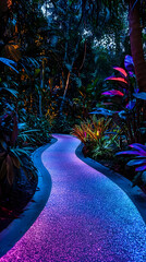 Glowing Pathway In Illuminated Tropical Garden At Night