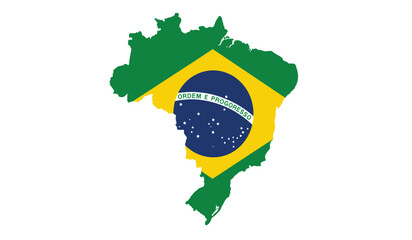 Stylized outline map of brazil filled with the vibrant colors and iconic symbols of the brazilian national flag against a clean white background