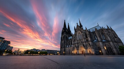 Obraz premium Gothic cathedral silhouetted by stunning sunset with vibrant colors