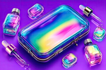 Colorful iridescent cosmetic case with bottles and droppers on a purple background