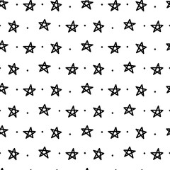 Pattern of mini five-pointed stars with dots in a row. Star with a single line. Black line on white. Seamless texture. Cute children's drawing. Shape with a repeating symbol. Minimalist linear style