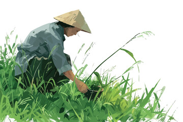 asian woman working in garden isolated illustration