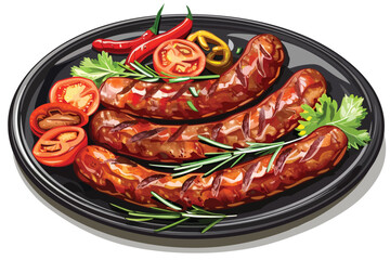 Sizzling Sausage Platter with Herb Garnish isolated illustration