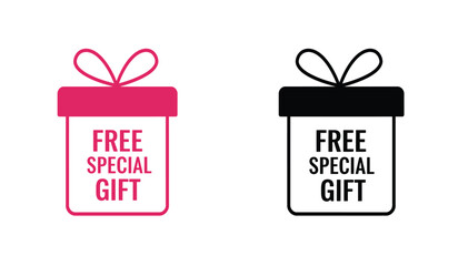 Two stylized gift boxes one in pink and one in black outline both featuring the text free special gift symbolizing promotions and giveaways