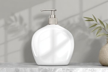 White, rounded pump bottle on marble countertop