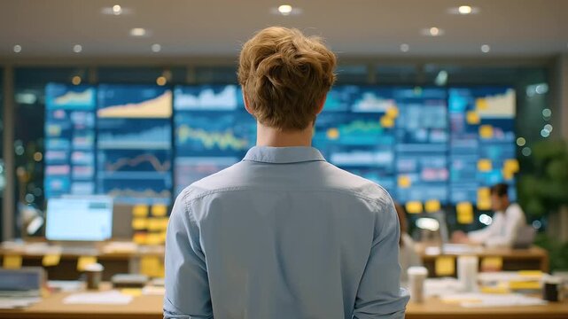 A marketing intern tracks campaign metrics in an office with dashboards glowing sticky notes on monitors coffee cups piling and a team reviewing ad performance captured in a
