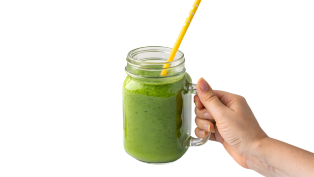 A hand holding a glass mason jar filled with vibrant green smoothie a yellow striped straw inserted into the top against a black background - Powered by Adobe