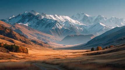 Scenic vista of snow-capped mountains and vast valleys under a clear sky