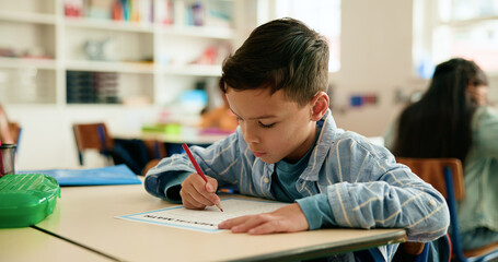 Learning, students and kid writing in classroom for education, math or problem solving....