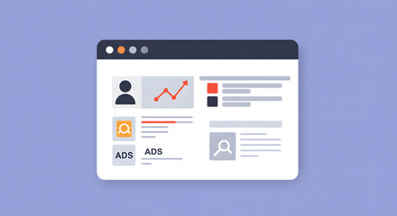 Digital marketing analytics dashboard interface with user data visualization, performance metrics, and advertising campaign reports for business growth