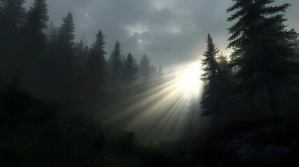 Misty Forest With Sunlight Rays