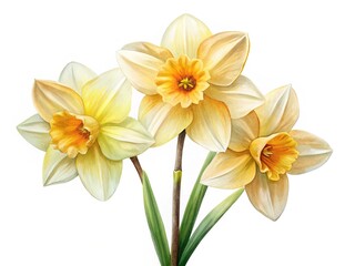 Fototapeta premium A Captivating Watercolor Painting of Three Daffodils in Full Bloom on White