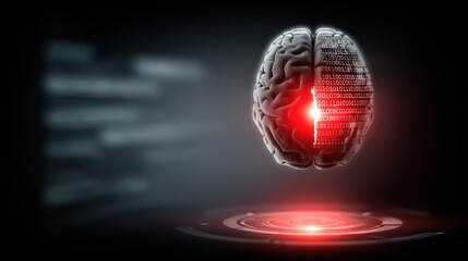A 3D model of a human brain, illuminated with binary code, highlights technology and the mind.
