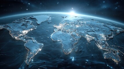 Obraz premium A comprehensive view of Earth's illuminated continents from space, highlighting global city lights and terrain features.