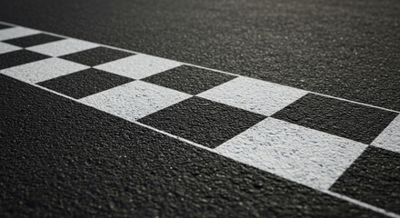 A close up shot of a black asphalt road with a checkered pattern painted on the surface of the road