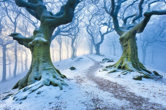 Winter wonderland path through frosted forest