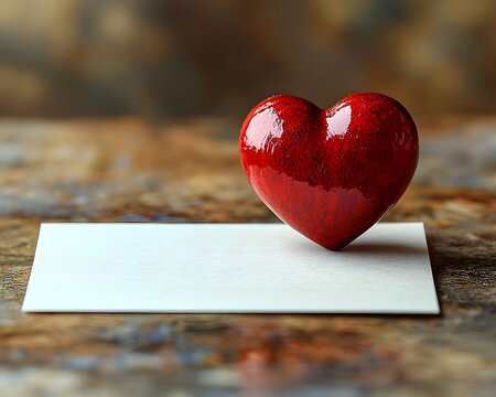 A glossy red heart rests on a blank white greeting card symbolizing love care and heartfelt wishes on a rustic wooden background - Powered by Adobe