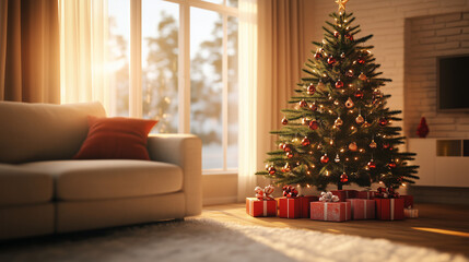 Christmas tree decorated with ornaments and gifts in cozy living room  