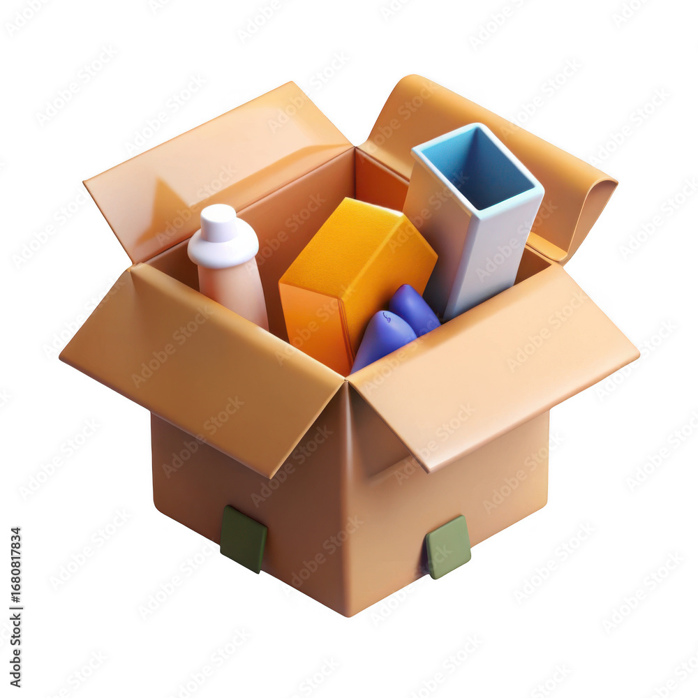 Poster 3d cardboard box with assorted items isolated on transparent background