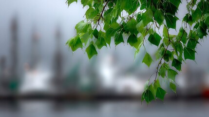 Green leaves with raindrops, blurry boats in background