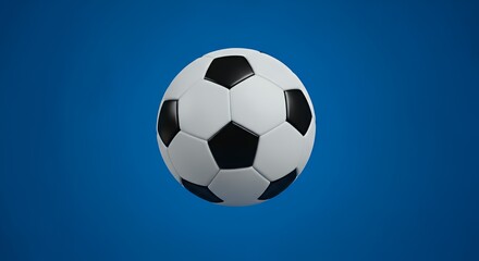 Naklejka premium Black and White Soccer Ball Floating in Blue Background