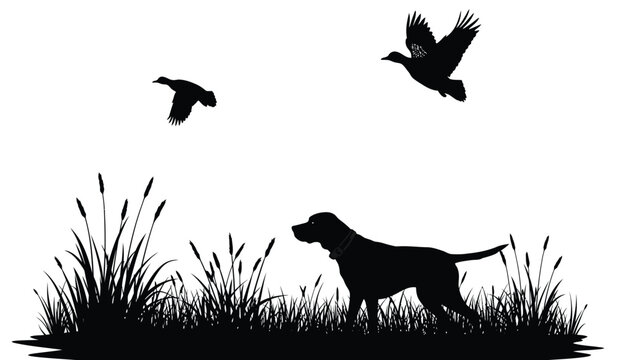 Silhouette of a hunting dog intently watching two ducks flying in the sky above tall reeds and marsh grass during a crisp autumn day
