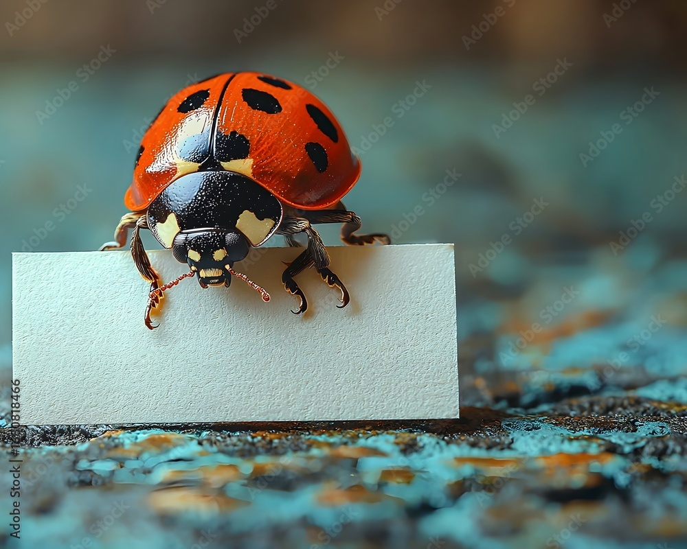 Poster a vibrant ladybug rests on a blank white card set against a rustic textured background offering a na