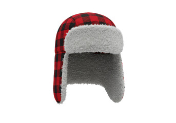Isolated red and black plaid trapper hat with ear flaps, faux fur trim and lining.