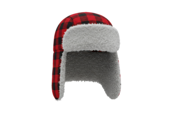 Isolated red and black plaid trapper hat with ear flaps, faux fur trim and lining.