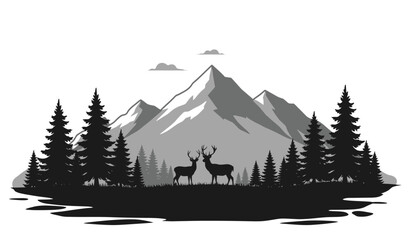 Majestic mountain landscape silhouette featuring two deer standing amidst pine trees under a cloudy sky