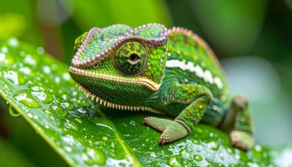 Obraz premium Chameleon Reptile Camouflage on a Green Leaf, Capturing Adaptation in Wildlife and the Fascinating Connection Between Animals and Nature in Stunning Detail