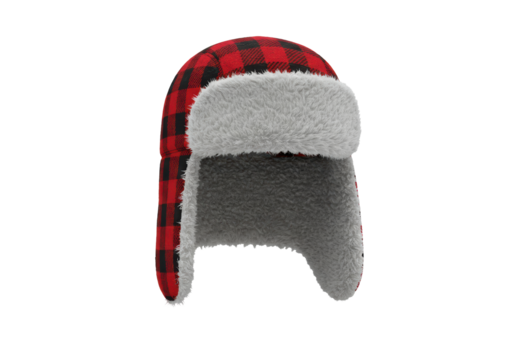 Isolated red and black plaid trapper hat with ear flaps, faux fur trim and lining.