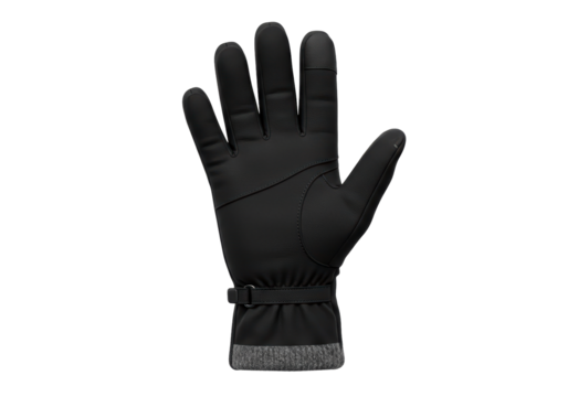 Isolated black winter glove for skiing or snowboarding, with adjustable wrist strap and gray cuff trim