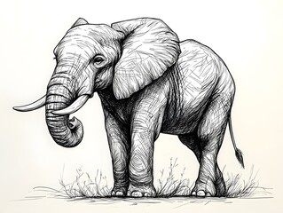 Detailed ink sketch of a majestic wild elephant standing in profile showcasing its powerful form large tusks and textured skin