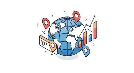 Conceptual isometric illustration of global market analysis, showing a globe with location pins and a rising bar chart representing international business growth