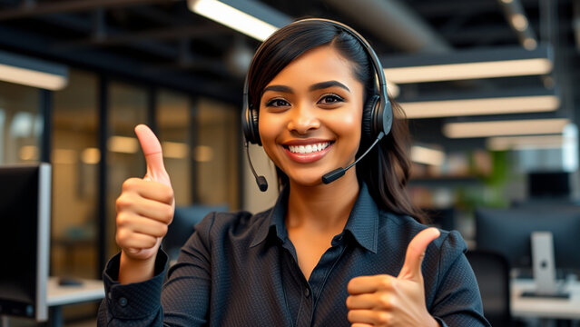 Smiling woman with headset gives thumbs up from modern office, representing excellent customer service and positive work environment. - Powered by Adobe