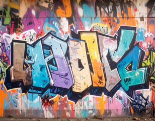 Vibrant graffiti art with bold colorful letters on a textured wall