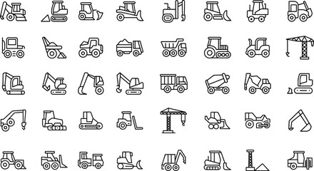 Naklejka premium Heavy machinery outline icons, construction vehicles and equipment thin line style set, vector illustration.