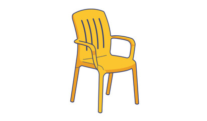 A bright yellow plastic outdoor chair with a tall slatted back and armrests isolated on white background
