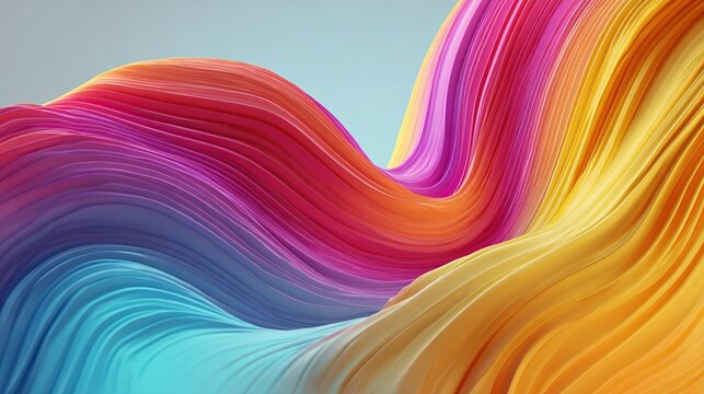 Vibrant, flowing ribbons of multicolored paint swirl and undulate against a muted gray background, creating a dynamic and abstract composition