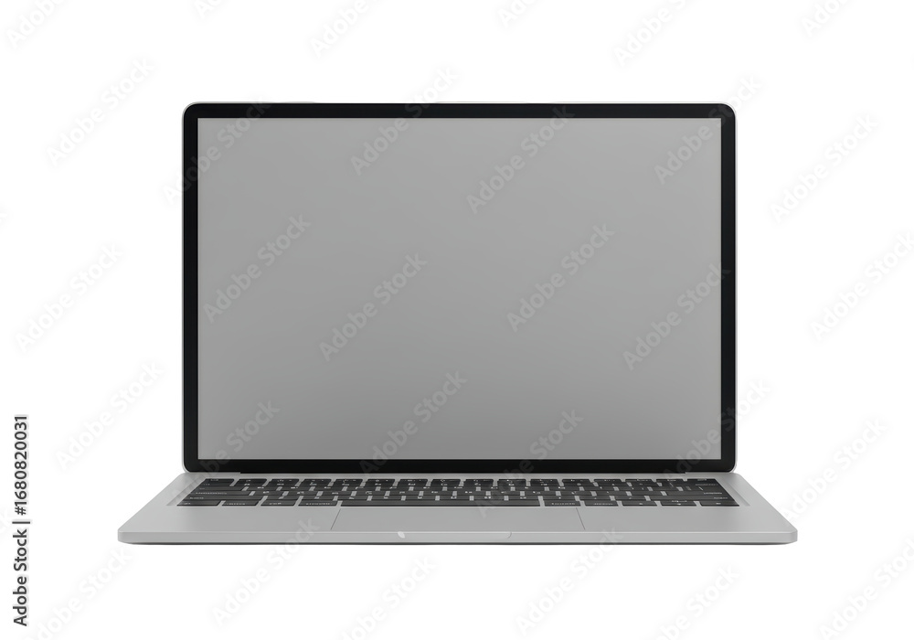 Poster isolated laptop computer front view, silver notebook, technology, modern workspace, computing