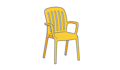 A bright yellow plastic outdoor chair with a tall slatted back and armrests isolated on white background