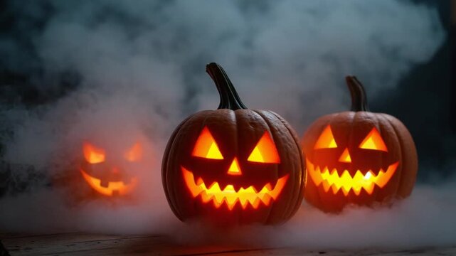 Halloween Pumpkins in Smoke Slow Motion