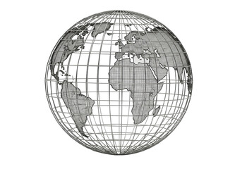Isolated world globe model with longitude, latitude lines and continents, gray wireframe