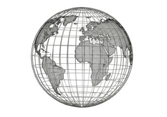 Isolated world globe model with longitude, latitude lines and continents, gray wireframe